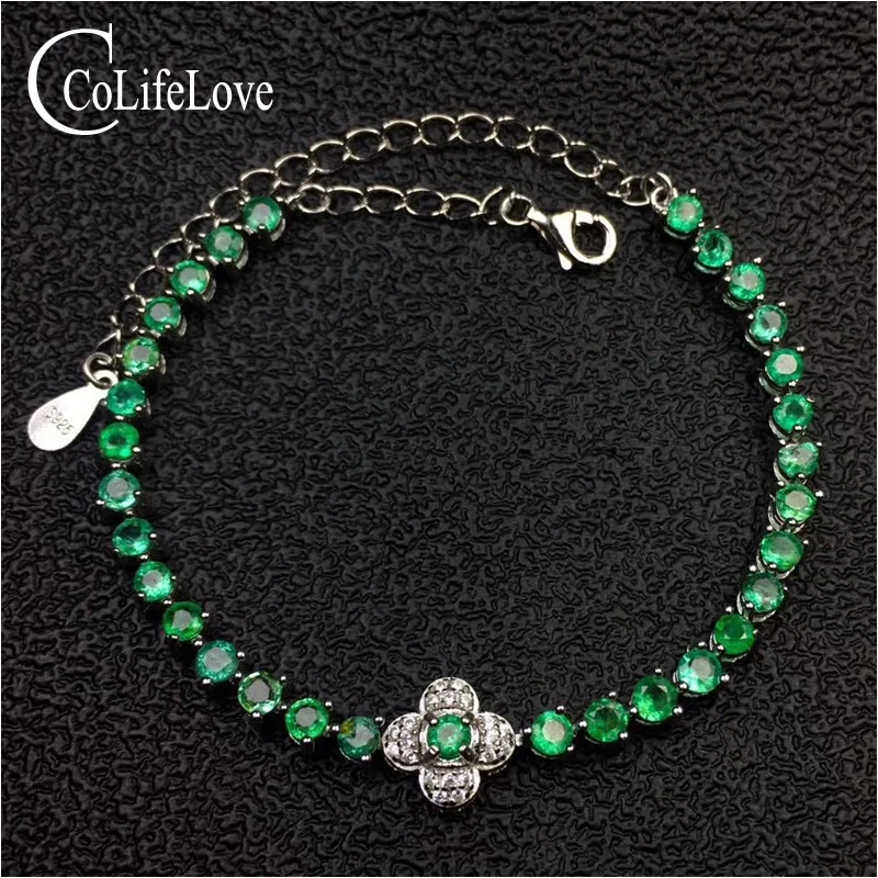 

Simple design emerald silver bracelet for wedding 31 pcs 3 mm SI grade natural emerald bracelet solid 925 silver emerald jewelry