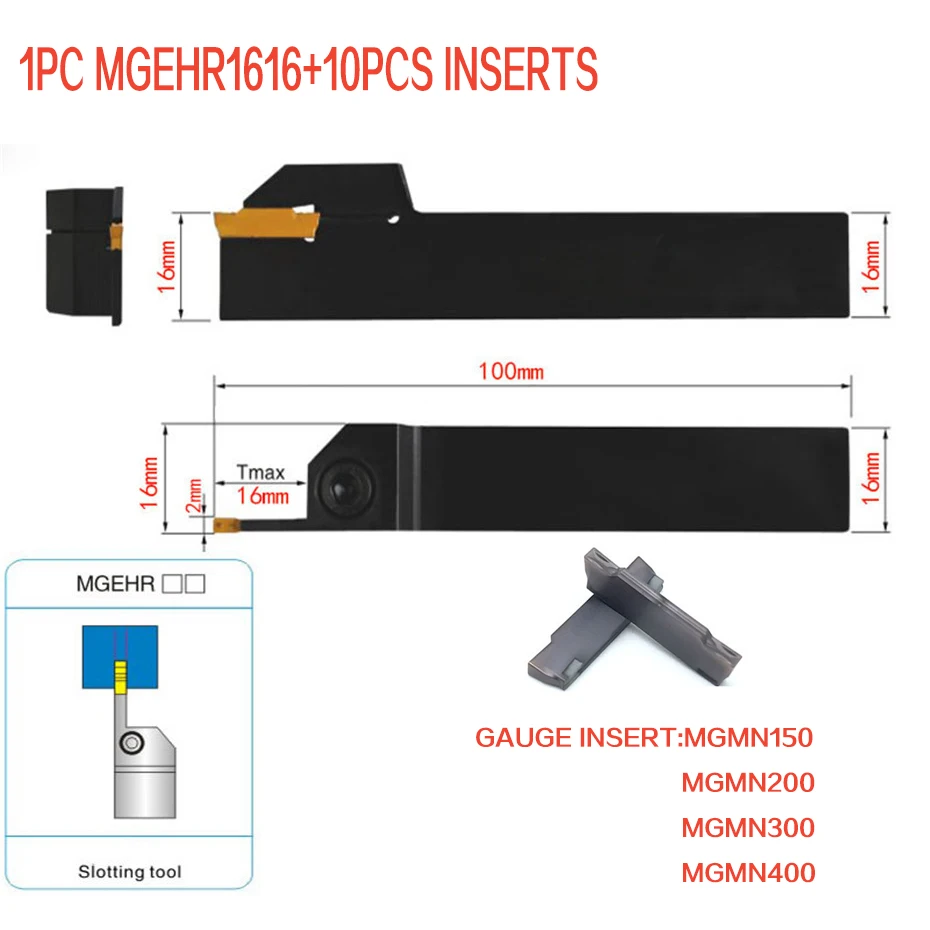 

1PCS Boring Tool+10PCS Grooving Inserts MGEHR1616-1.5 MGEHR1616-2 MGEHR1616-3 MGEHR1616-4 16mm petiole CNC Turning tool