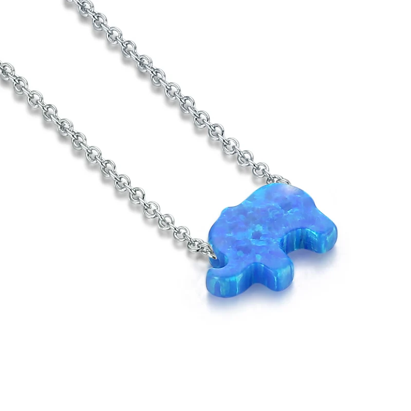 Genuine 925 Sterling Silver Opal Necklace Elephant Cute Animal Chain - Окраска металла: Blue Cable