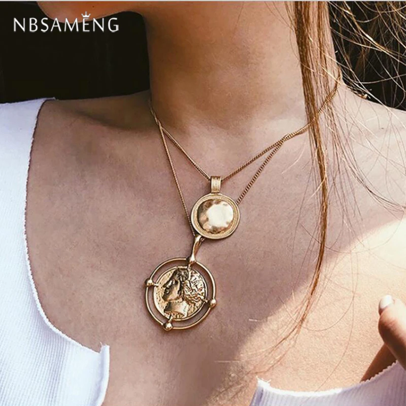 

Vintage Layered 2019 Gold Color Multilayer Coin Long Necklace for Women Chain Pendant Statement Necklaces Choker Fashion Jewelry