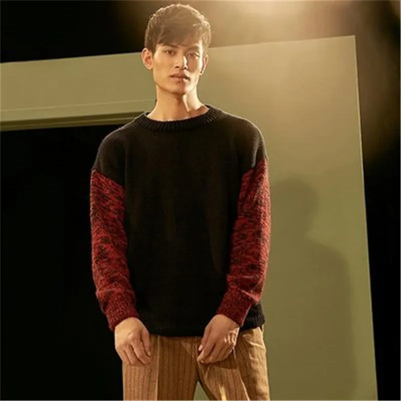 100%hand made pure wool thick knit men fashion Oneck patchwork sleeve pullover sweater one&over siz