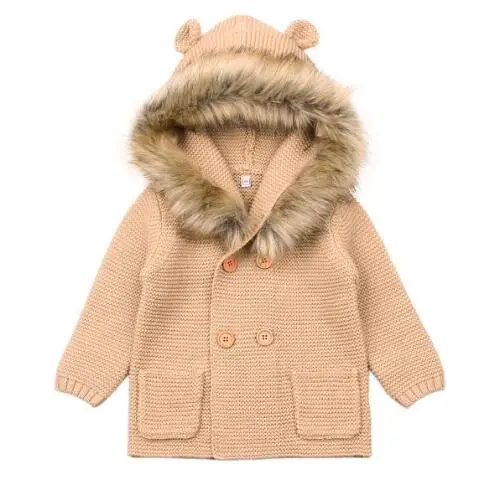 Зимние теплые для детей Детский свитер с меховым капюшоном съемный детский вязаный кардиган для мальчиков и девочек Осенняя верхняя одежда детский трикотаж 0-24 м - Цвет: Brown