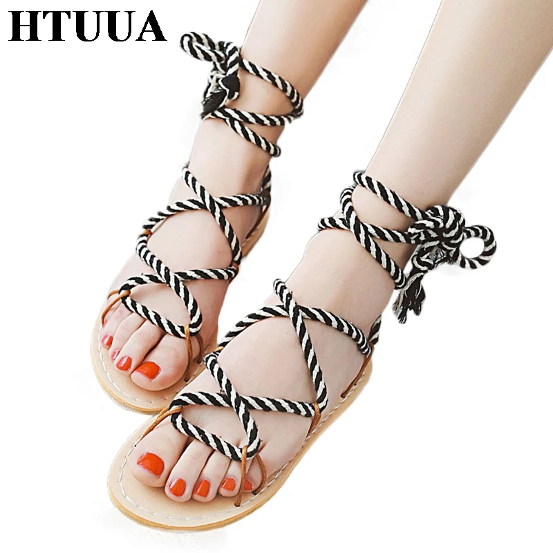

HTUUA 2018 New Summer Sandals Women Hemp Rope Bow Cross Straps Gladiator Sandals Boho Beach Flat Shoes Big Size 34-45 SX1052