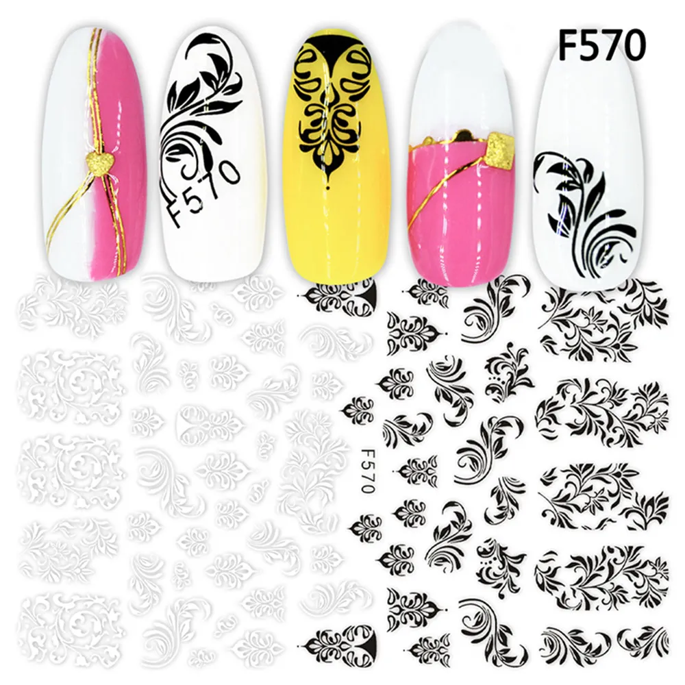 Черно-белые 3d наклейки для ногтей, цветочные украшения, геометрические наклейки, кончики для татуировки, слайдер для украшения ногтей, маникюрные SAF564-573 - Цвет: F570