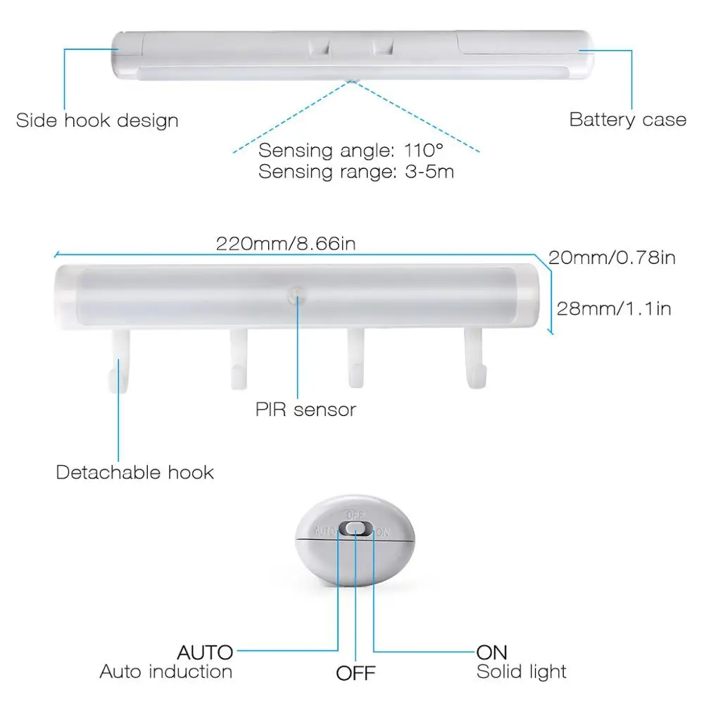 Светильник под шкаф с крюком, датчик движения PIR, светильник для человеческого тела, двойной индукционный шкаф, шкаф для кухни, спальни, светодиодный светильник