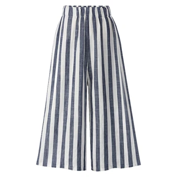 

Spring Autumn Print Ladies Casual Streetwear Elegant Cotton Linen Plus Size Loose Trousers High Waist Stripe Wide Leg Pants Wo