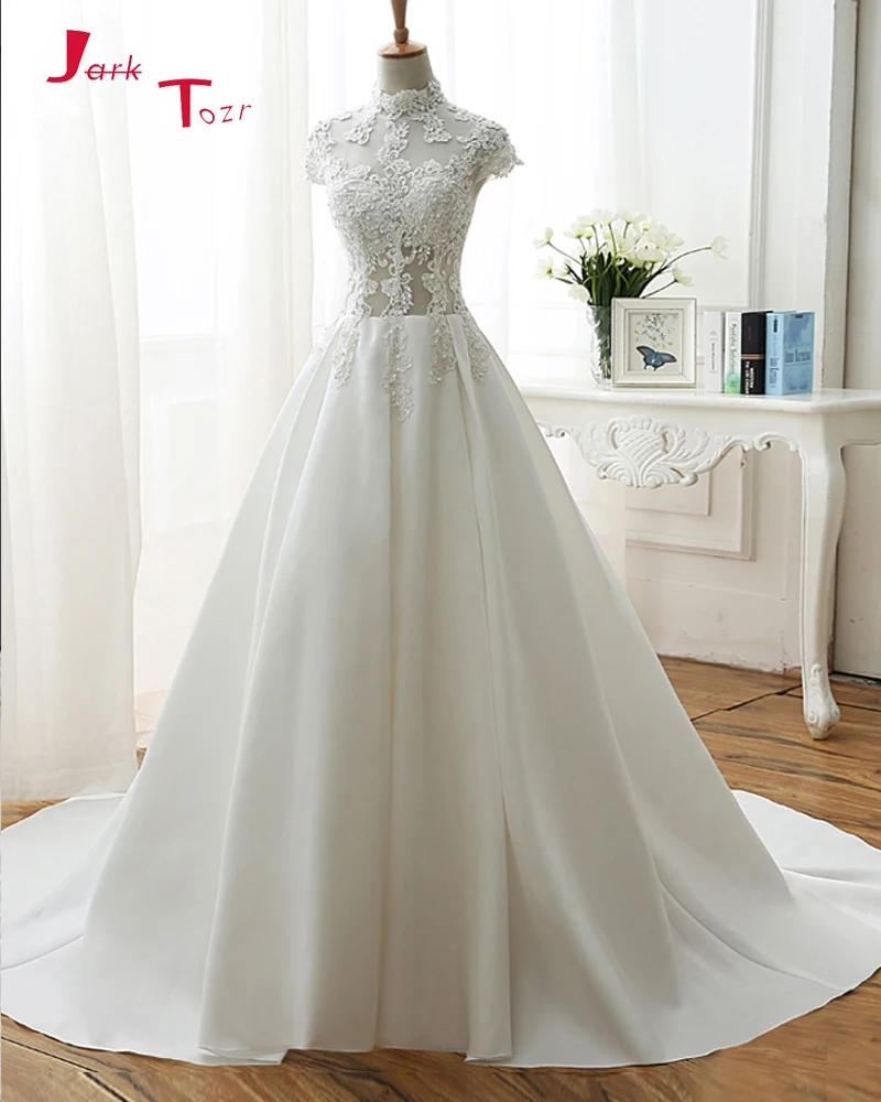 

Jark Tozr New Arrive High Neck Cap Sleeve Appliques Beading Crystal Sequin Illusion Bodice Satin A-line Wedding Dresses Turkey