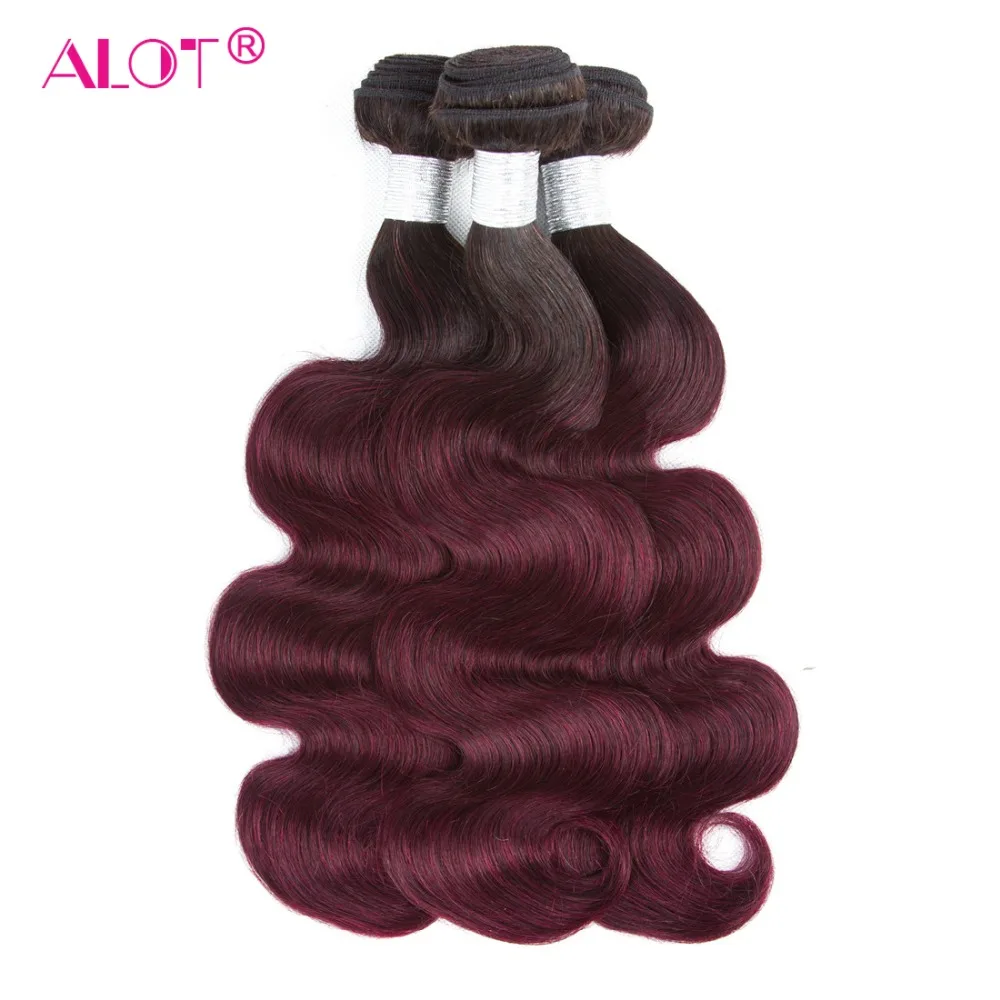 ALot T1B/99J Hair Bundles With Frontal Dark Root Non Remy Malaysia Body Wave Human Hair With Frontal Pre Colored Red Wine Hair