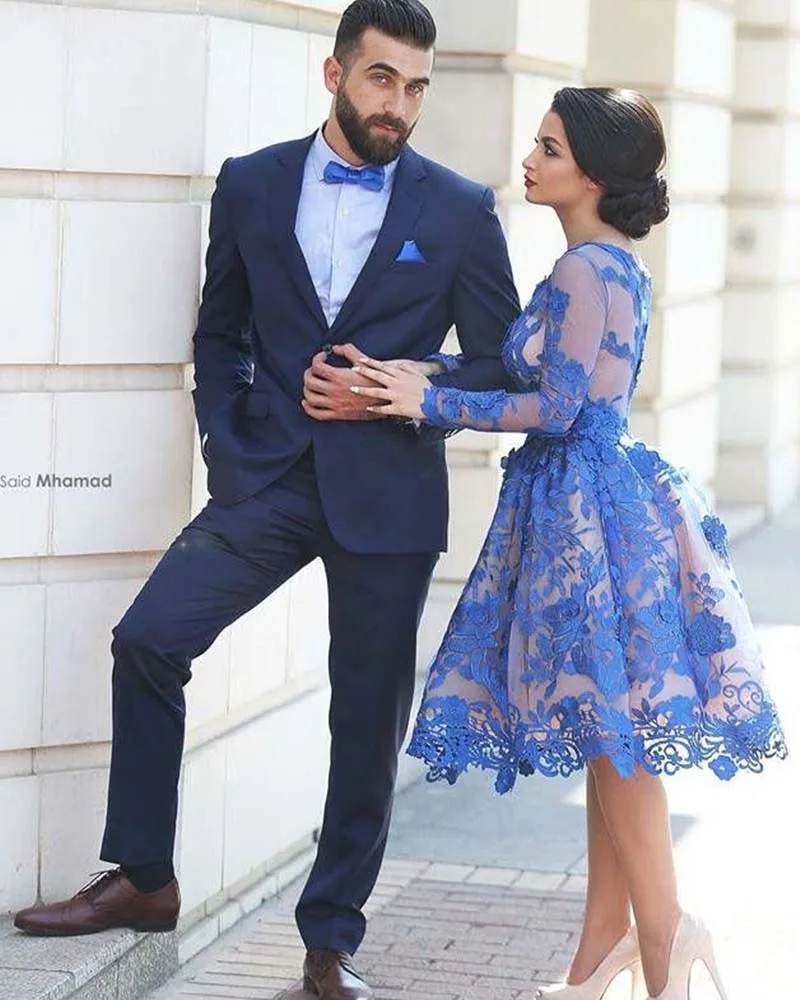 

Blue Lace Knee-length Long Sleeve A-line Short Wedding Party Dresses Custom Made