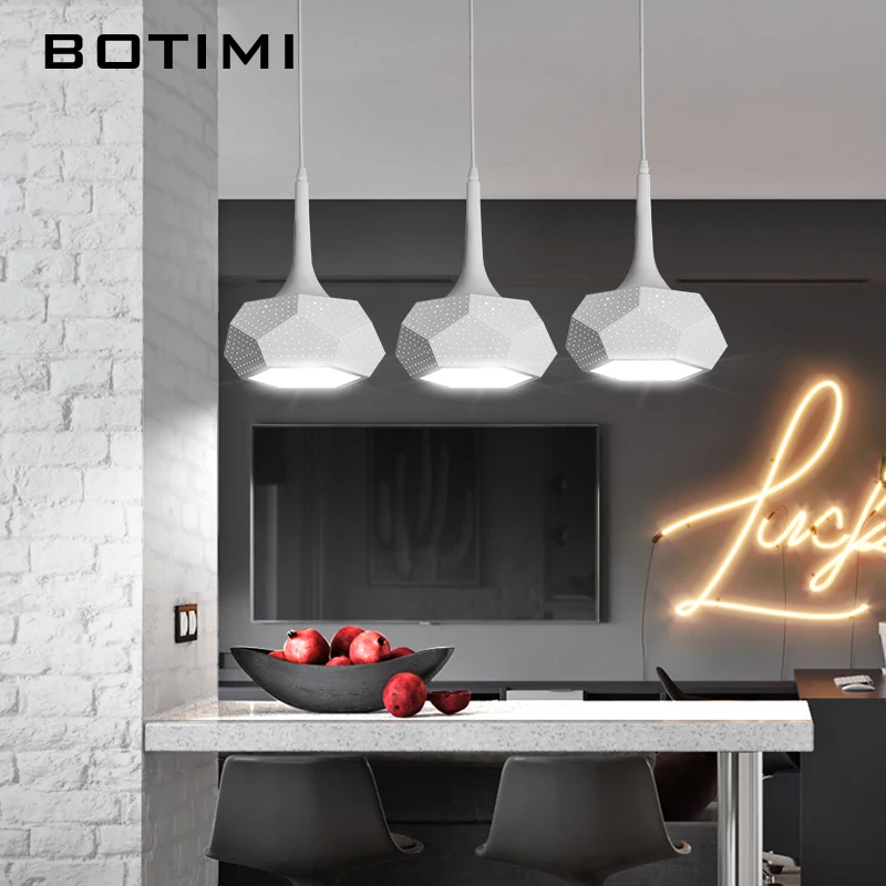 

BOTIMI Geometric LED Pendant Lights With Metal Lampshade For Dining Room White Pendant Lamp Triple Lustre Kitchen Round Hanglamp