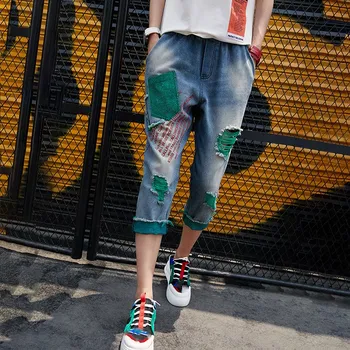 

Korean Summer Fashion Ladies Holes Punk Harem Pants Womens Ripped Blue Jeans Vintage Elastic Denim Trousers