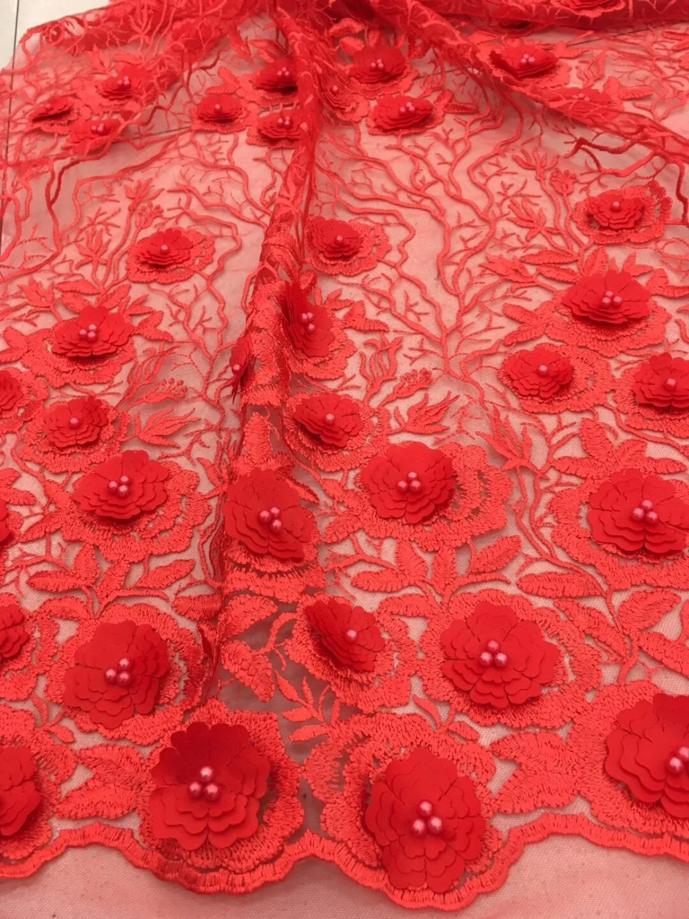 

High quality african french3Dflower beaded lace fabric African Guipure Embroidered 3D applique Lace Fabric for party dress