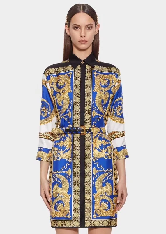 

New 2018 Fall runway retro print belted dress Fashion lapel long sleeve dresses Chic women's vintage Shirt dress D298