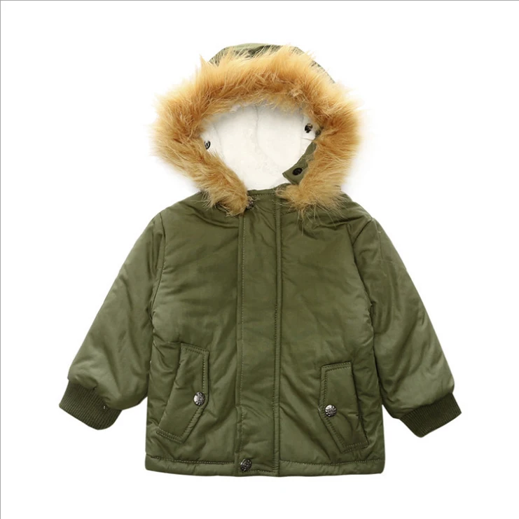 thicken Baby Boys Winter Jacket in Army Green Thick Removable Fur Hooded Warm Coats Kids Boys Padded Winter Warm Outwear