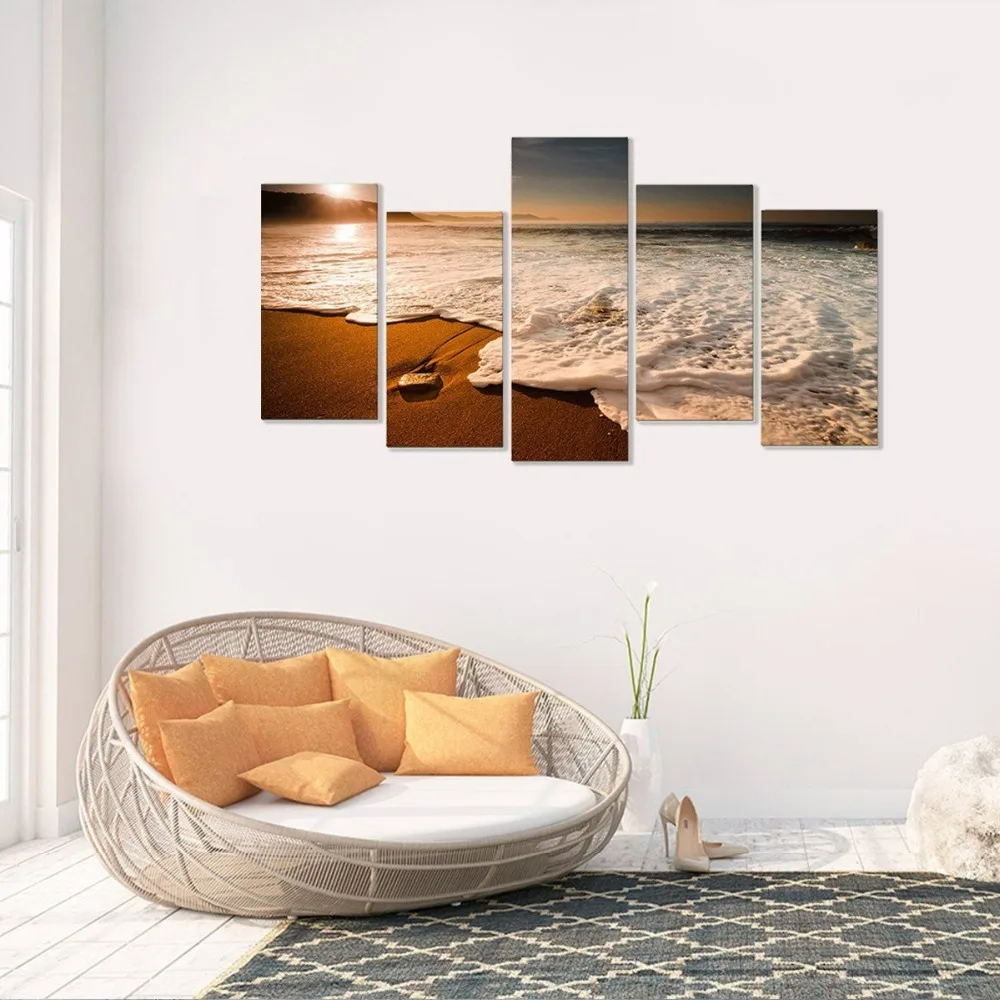 Canvas Painting Modern Home Decor Room Wall Art 5 Pieces Beach Sunrise Sea Wave Seascape Modular Pictures HD Prints Poster Frame