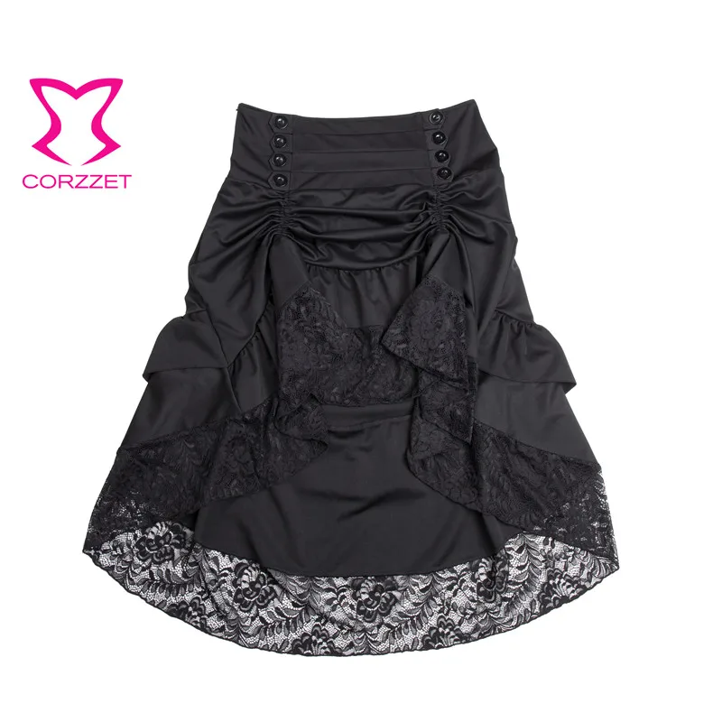 Черный High-low асимметричный подол стимпанк Винтаж Кнопка Кортни действовать длинная юбка и топ молния сбоку костюмы женские