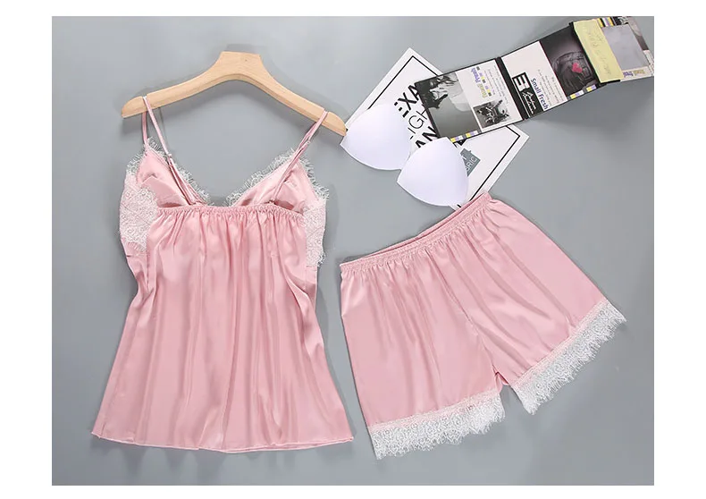 Queenral Pajama Sets Sexy Lingerie Pyjama Femme Summer Women's Sleep Lounge Silk Satin Sleepwear With Chest Pad Nightwear 