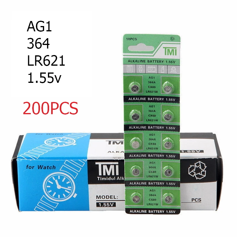 

200Pcs/lot=20cards AG1 Alkaline Cell Batteries AG1 364 364A Cx60 LR621W 1.55V Alkaline Coin Cell Button Batteries For Watch Toys