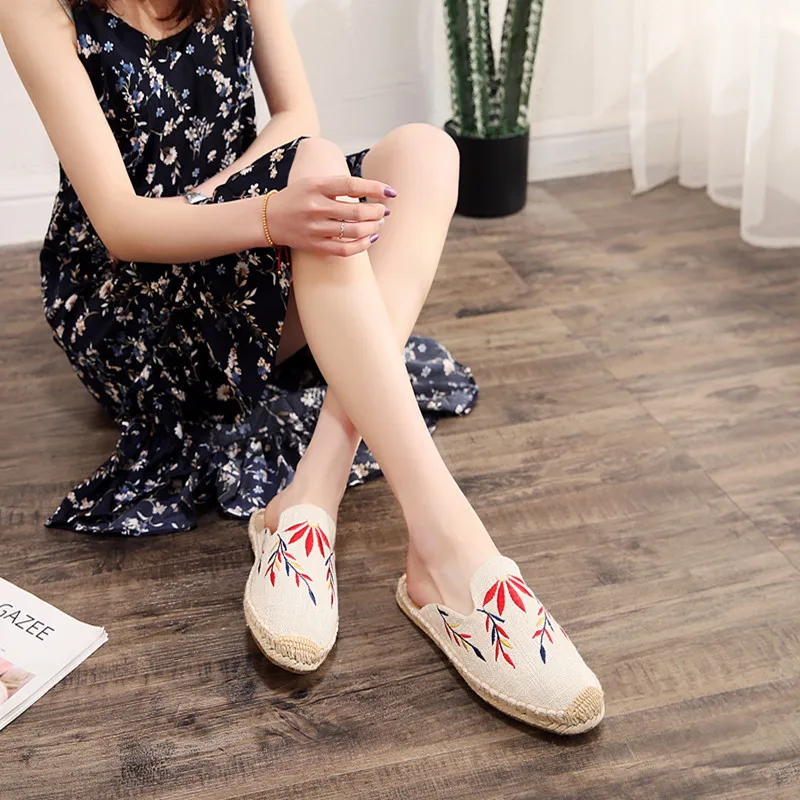 2019 Summer Women Half Slippers Embroidery Maple Leaf Cats Slide Flat Bottom Hemp Rope Weaving Fisherman Shoes Women Espadrilles (7)