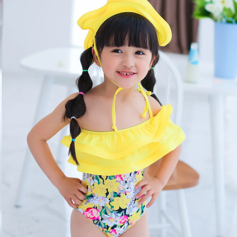 Ruffle Toddler Girl Bathing Suits Kids Swimwear for Children Hat free