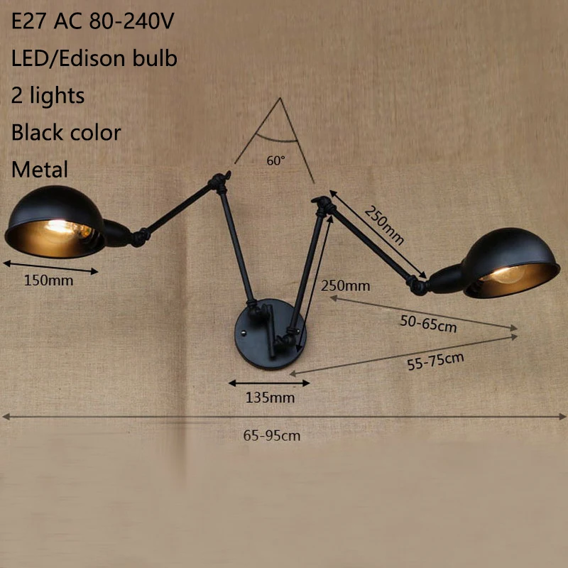 Классический дизайн и Роскошные Античный Черный Ретро двойной голова swing arm бра для мастерской кафе прикроватные спальня настенные светильники
