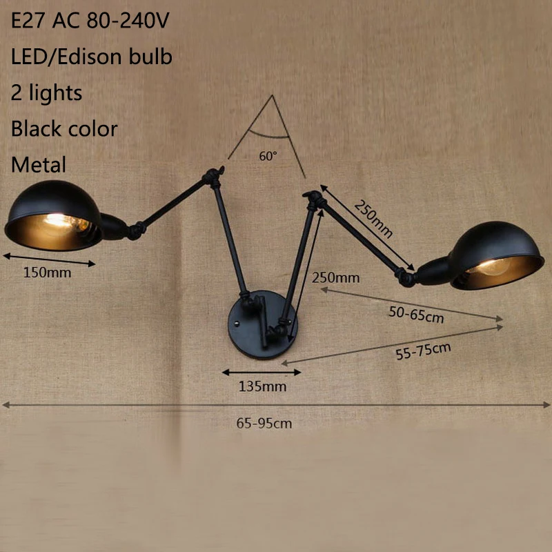 US $54.81 classical design luxury antique black retro double head swing arm sconce wall lamp for workroom cafe bedside bedroom wall Lights