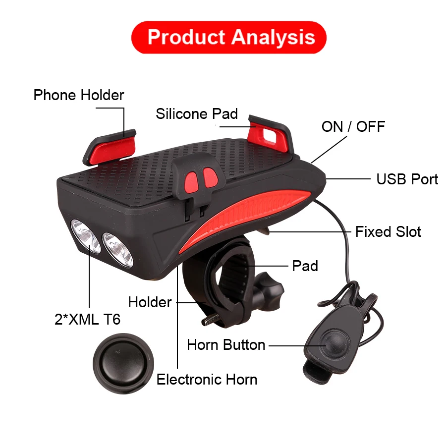 NEWBOLER велосипедный фонарь с зарядным аккумулятором, USB Перезаряжаемый фонарик, держатель для телефона, велосипедный фонарь, 4000 мАч, велосипедный рог, светодиодный свет