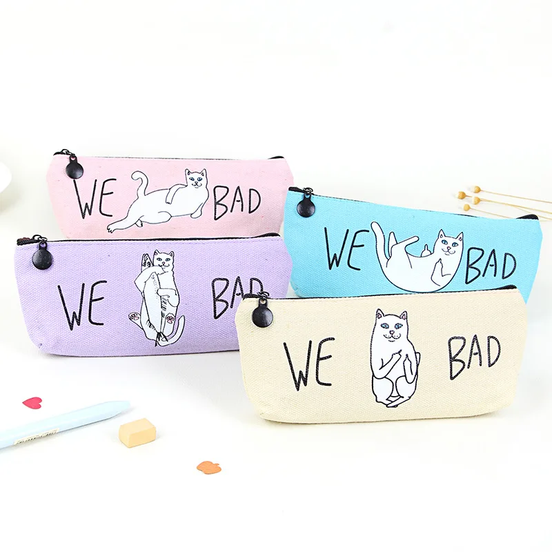 1Pc Cartoon Big Capacity Pen Bag Canvas Pencil Case Cute Kawaii Cat Pencil Bag Pencil Box Office School Supplies Stationery Gift