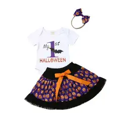 Боди с короткими рукавами для новорожденных девочек на Хэллоуин + юбка-пачка с бантом + костюм с повязкой на голову