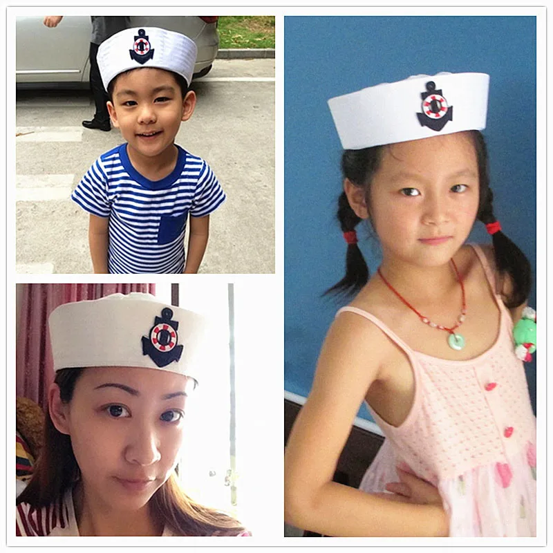 

Adult Kids White Captain Sailor Hat Military Hats Navy Marine Caps With Anchor Sea Boating Party Cosplay Costume Children Hat