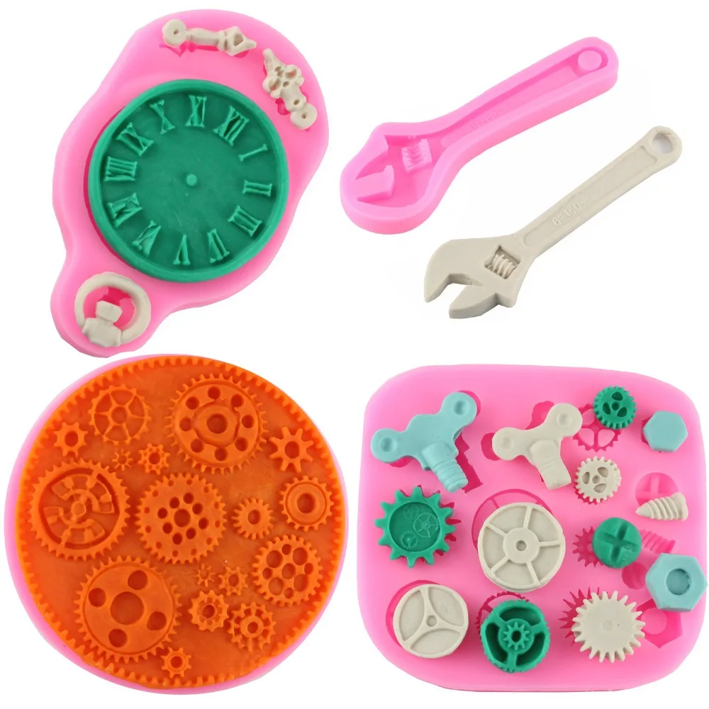 

Steam Punk Screw Gear Spanner Clock Shape Cake Border Silicone Fondant Cake Chocolate Molds Kitchen Baking Cake Decorating Tools