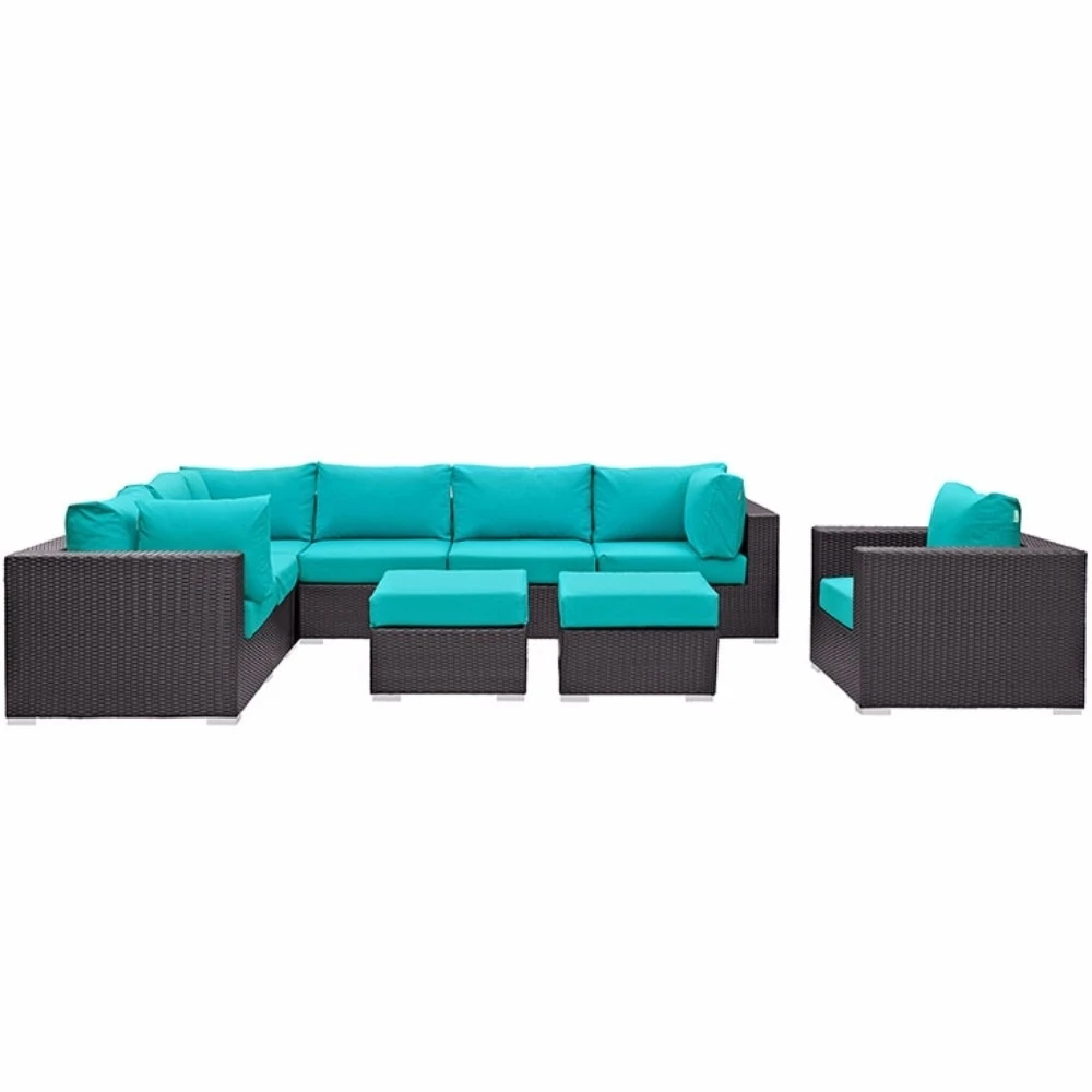 Convene 9 Piece Outdoor Patio Sectional Set, Espresso Turquoise
