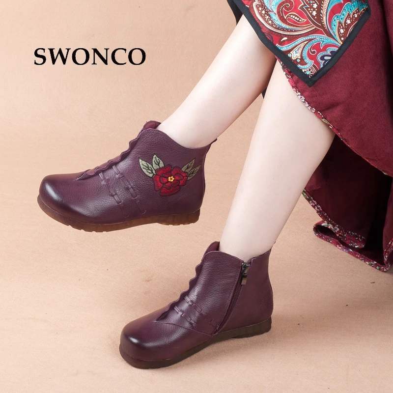 

SWONCO Genuine Leather Mother Shoes 2018 Spring Autumn Retro Embroidery Women Boots Ankle Boots For Women Pointed Toe Boot Shoes