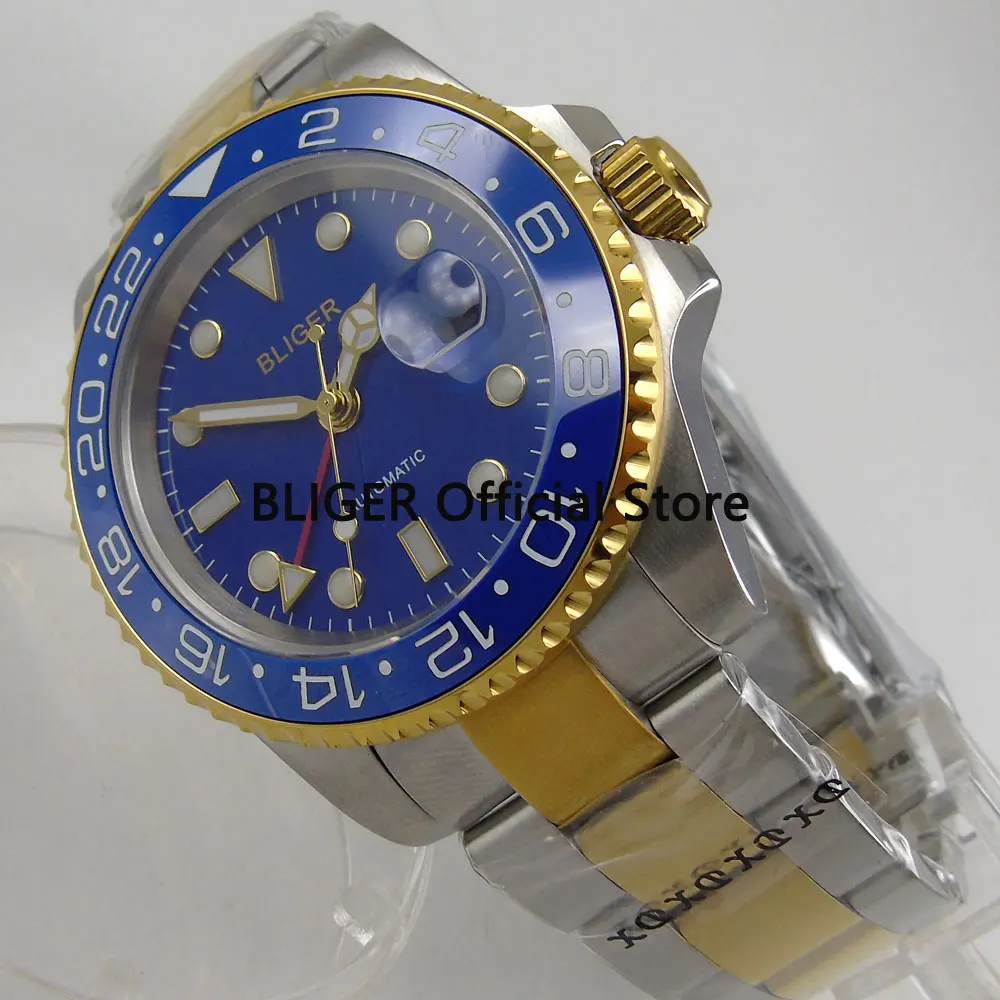 

BLIGER 40MM Blue Dial Blue Ceramic Bezel Golden Plated Case GMT Function Luminous Sapphire Automatic Movement Men's Watch B274