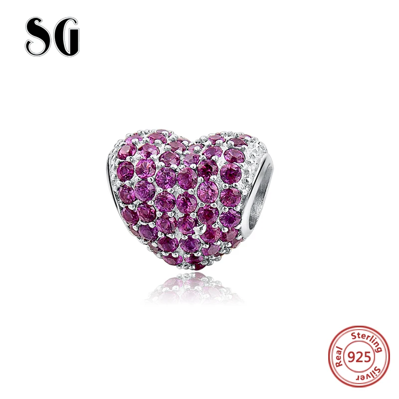 

Silver 925 Original Antique Love Heart Pink CZ Charms Fit Authentic European Bracelet Silver Pendant Bead Jewelry Valentine Gift