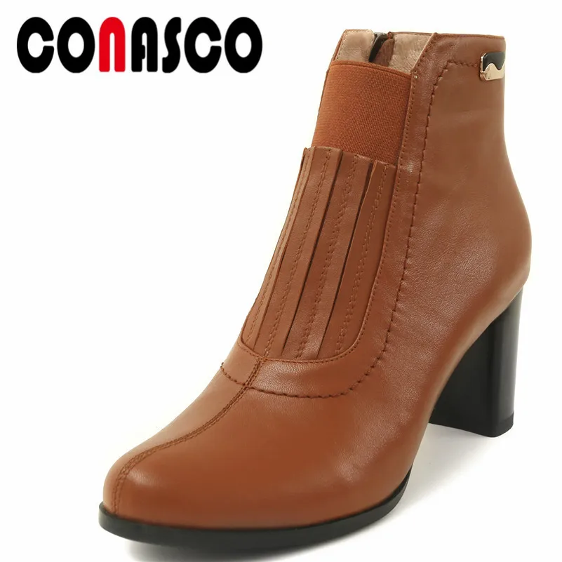 

CONASCO New Arrival Women Ankle Boots Autumn Winter Warm Genuine Leather High Heels Shoes Woman Round Toe Casual Martin Boots