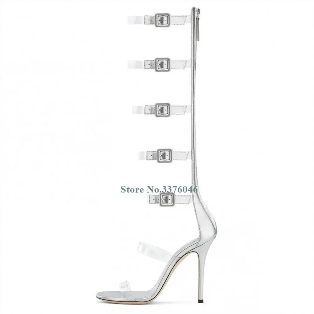 

Sliver Women High Heel Open Toe Transparent PVC Clear Mid-calf Sandals Booties Narrow Band Plus Buckle Ladies Sexy Fashion Boots