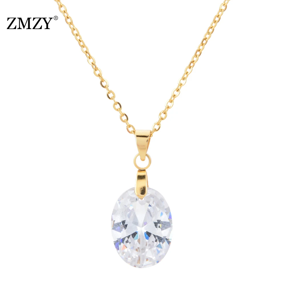 ZMZY Simply Oval Cubic Zirconia Pendant Necklace Women Jewelry Stainless Steel Necklace Choker Bohemian Collar Minimalism Gift