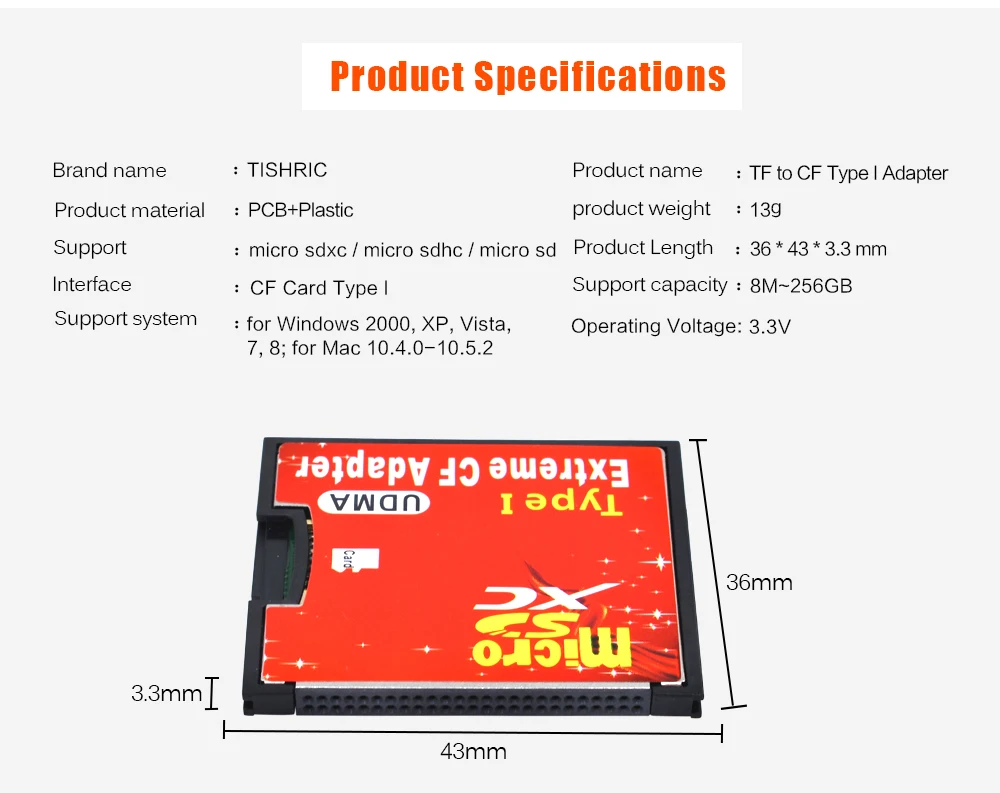 TISHRIC Micro SD TF для CF карты адаптер для MicroSD/HC Compact Flash Тип I устройство чтения карт памяти конвертер для камера