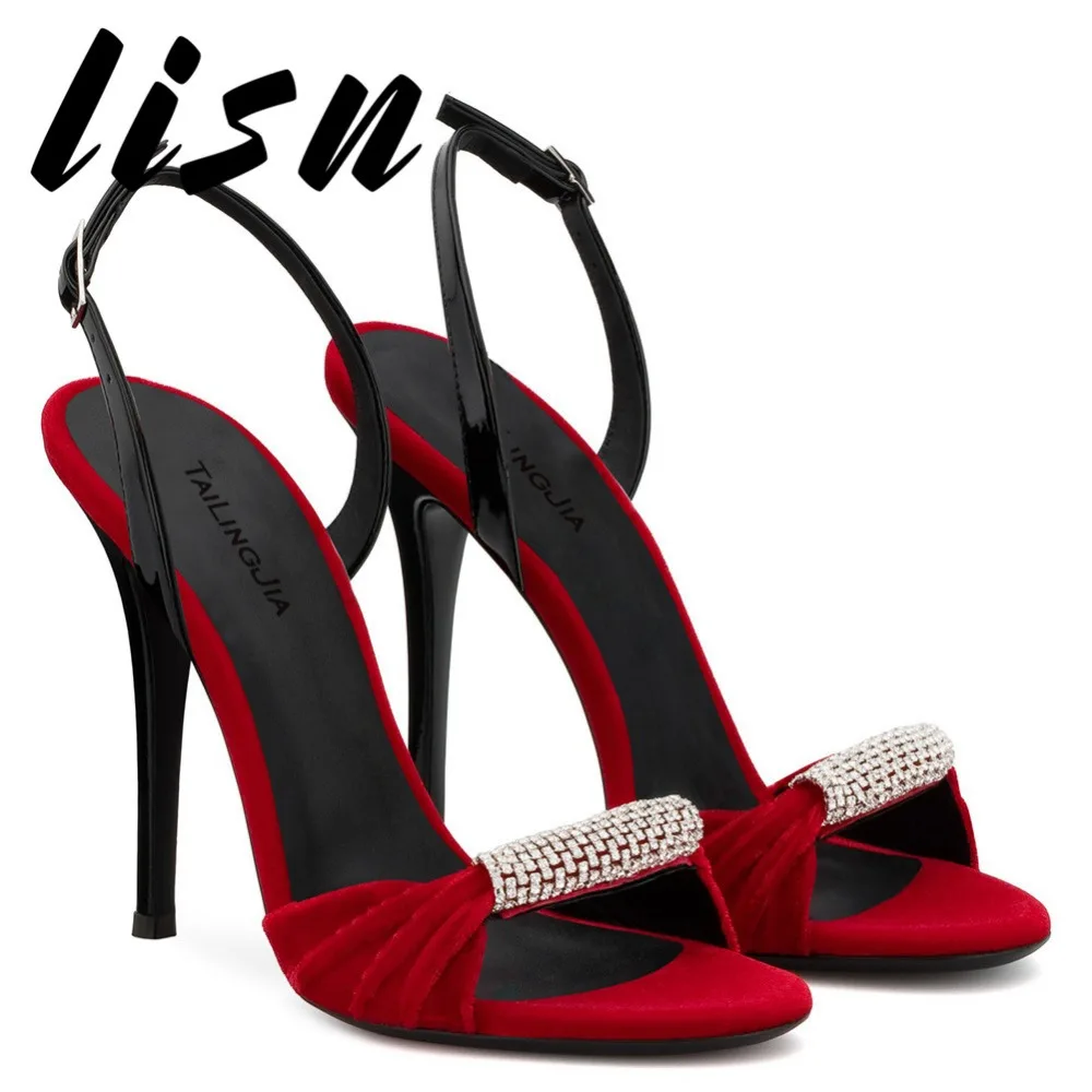 

LISN New Velvet Black Red Crystal Deco Summer Sandas Open Toe Buckle Strap Thin HIgh Heel Sandals Shoes Women