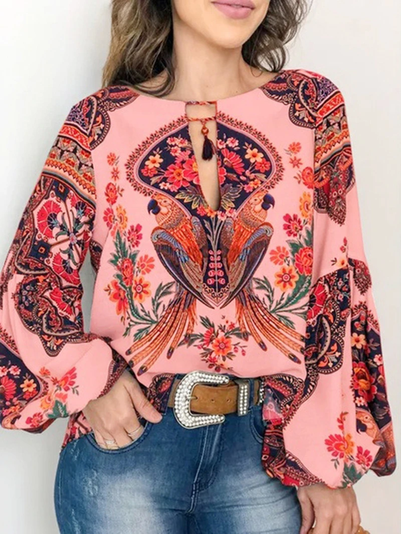

Women Bohemian Floral Print Shirts and Blouses Casual Long Lantern Sleeve Loose Fit Blouses Tops Pullover Neck Tie Tops Shirt