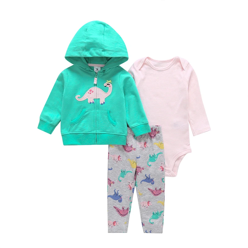 Комплект одежды для маленьких девочек с рисунком динозавра, пальто с длинными рукавами и капюшоном+ боди+ штаны, Одежда для новорожденных девочек, костюм для маленьких мальчиков