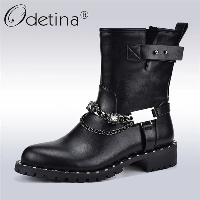 Odetina/сезон осень-зима новые модные женские ботинки в стиле рок панк на низком