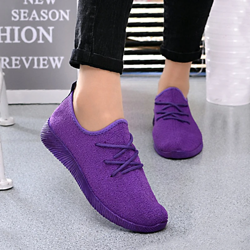 

2019 Summer Shoes Women Plus Size Autumn Sneakers Flyknit Female Vulcanized Shoes Casual Lace-up Flat Shoe Mesh Soft Footwear