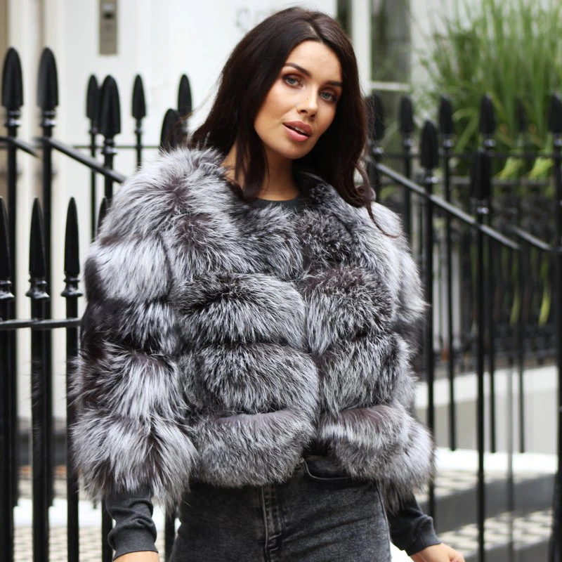 

2019 BFFUR Real Fox Fur Coat Silver Fox Fur Short Coat Women Luxurious Jacket 3/4 Sleeve Striped Winter Warm Fur Outfit