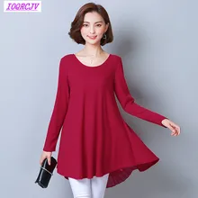 Женские топы; сезон весна-осень; Новая модная Однотонная футболка средней длины с длинными рукавами; Свободная Женская одежда; большие размеры 5XL; IOQRCJV AA62