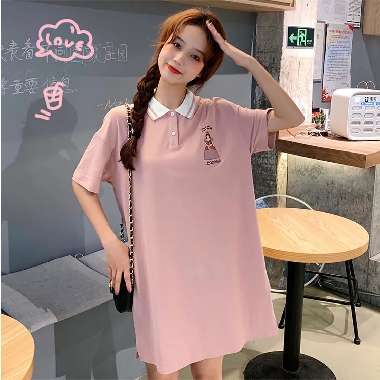 

Loose Retro Lovely Embroidery Tinted T-shirt Dress Turn-down Collar Button Letter Dress Women 2019 Fashion Shirt Dress Women