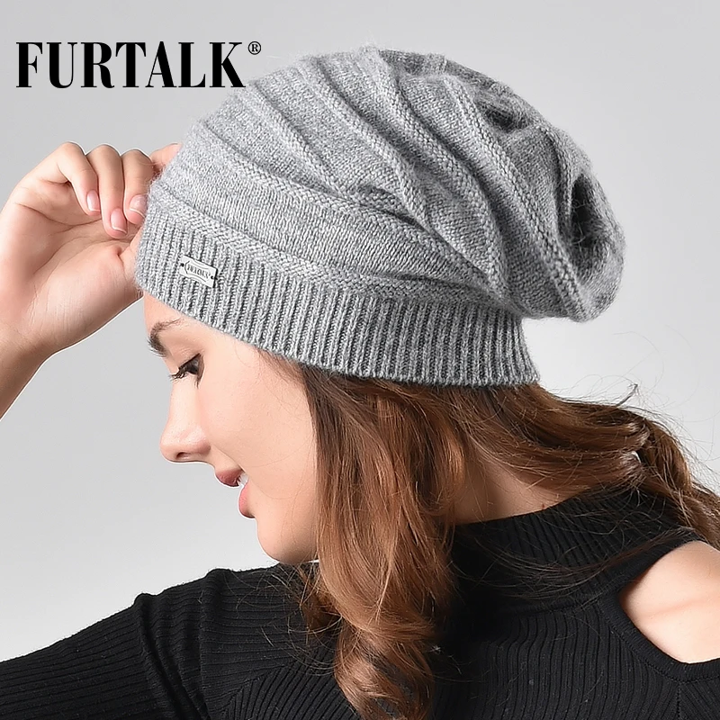 

FURTALK Wool Rabbit Fur Beanie Hat Women Autumn Winter Knitted Slouchy Beanie for Female Black Blue Winter Hats Caps for Ladies