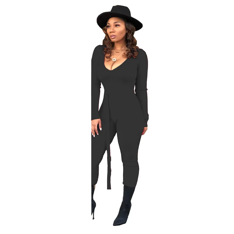 Adogirl Solid Ribbed Knitting Skinny Jumpsuit with Belt Women Sexy Deep V Neck Long Sleeve Casual Romper Club Overall Tracksuit