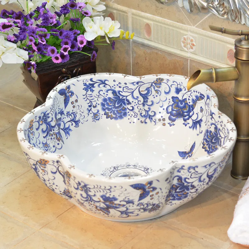 Handmade Porcelain Sink blue and white Countertop Ceramic wash basin